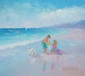 boy and girl with dog on beach Child impressionism